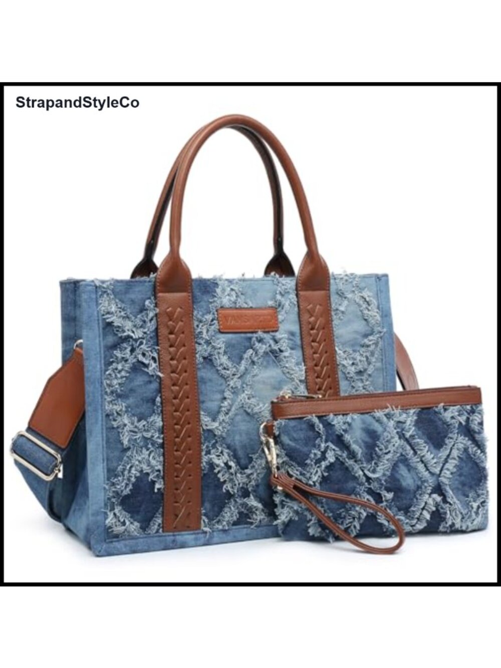 Denim Satchel Handbag Set with Wristlet Vegan Leather Quilted Tote